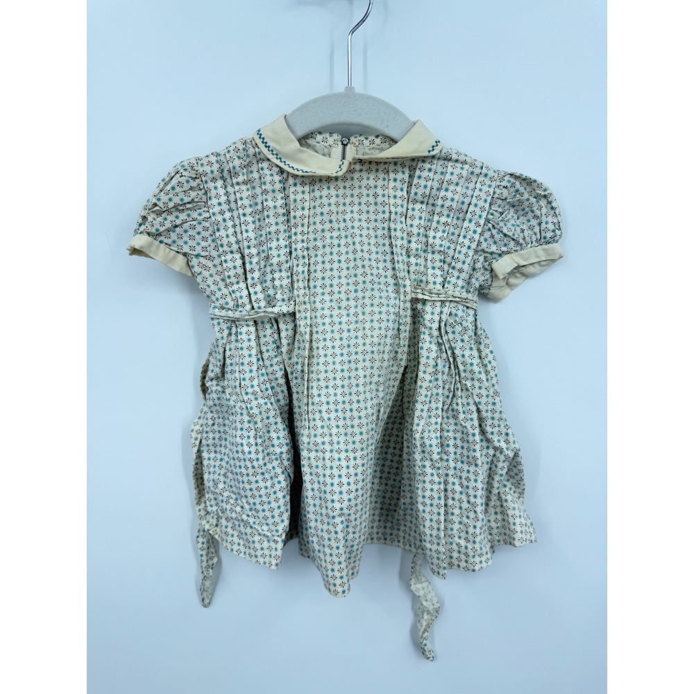 Unbranded Vintage Floral Starburst Dress Kids Size 2T Off-White Blue Pleated Tie